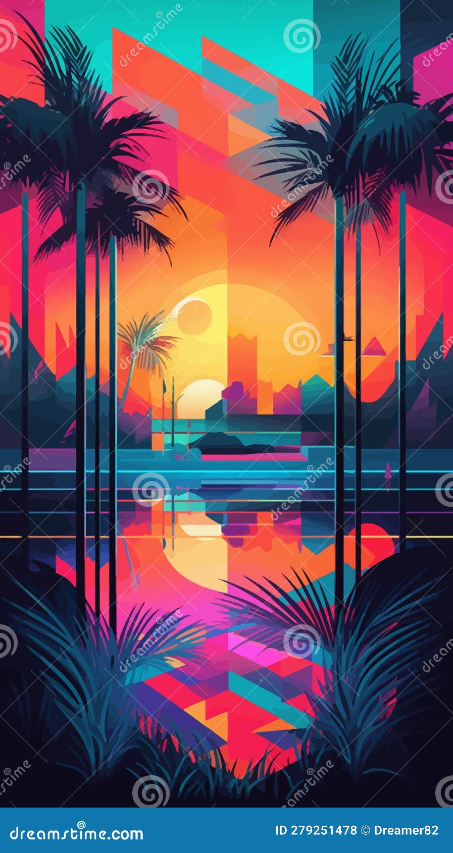 Synthwave Sunset, Landscape with Palm Trees, Retro Wave Illustration ...