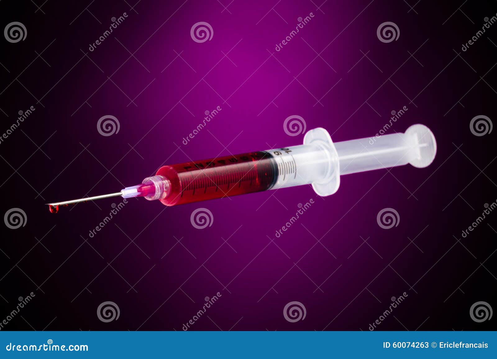 Syringe with Blood Drop Isolated on Purple Stock Image Image of close