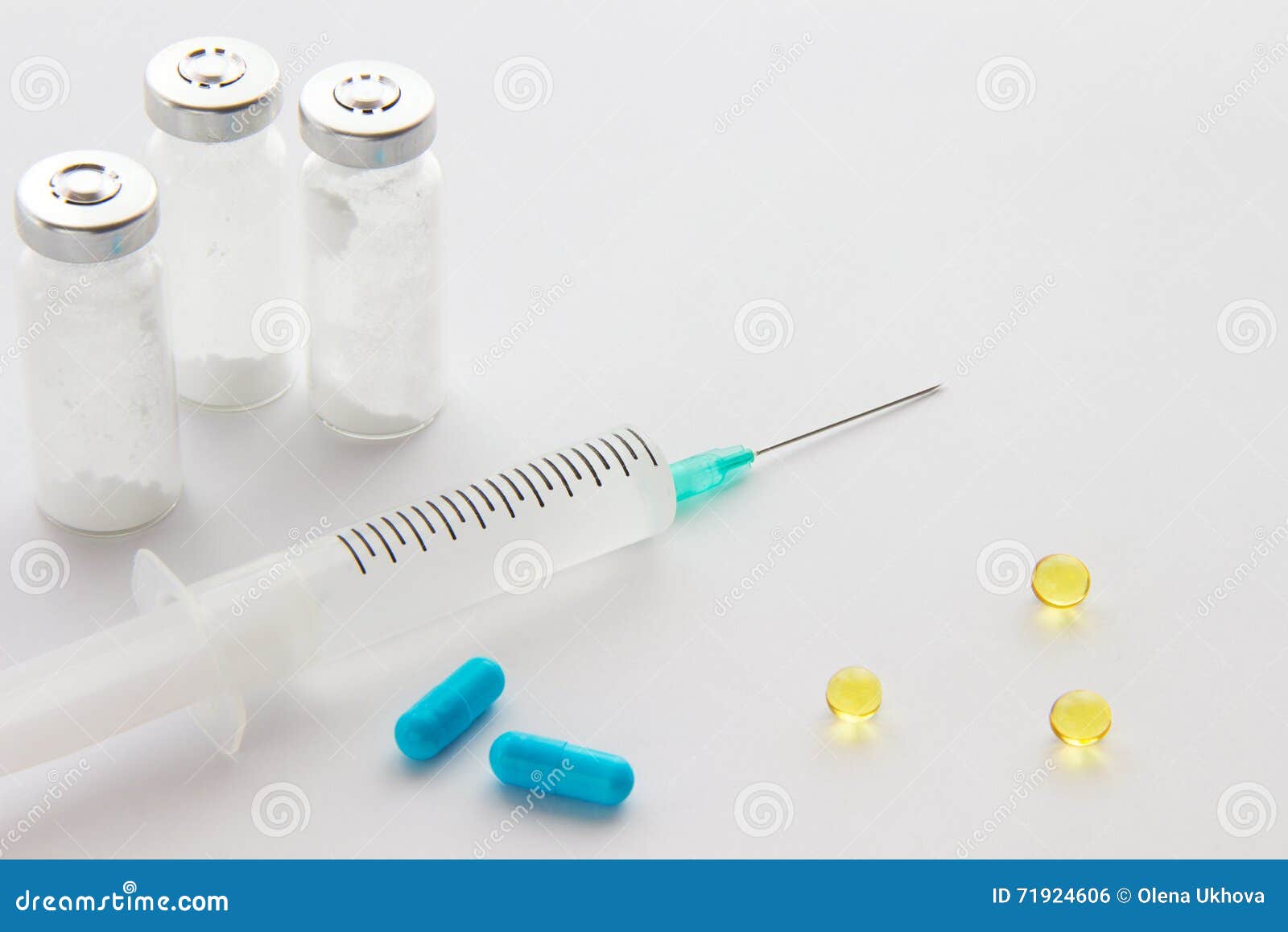Syringe, Capsules and Vials of Drug Stock Photo Image of hands