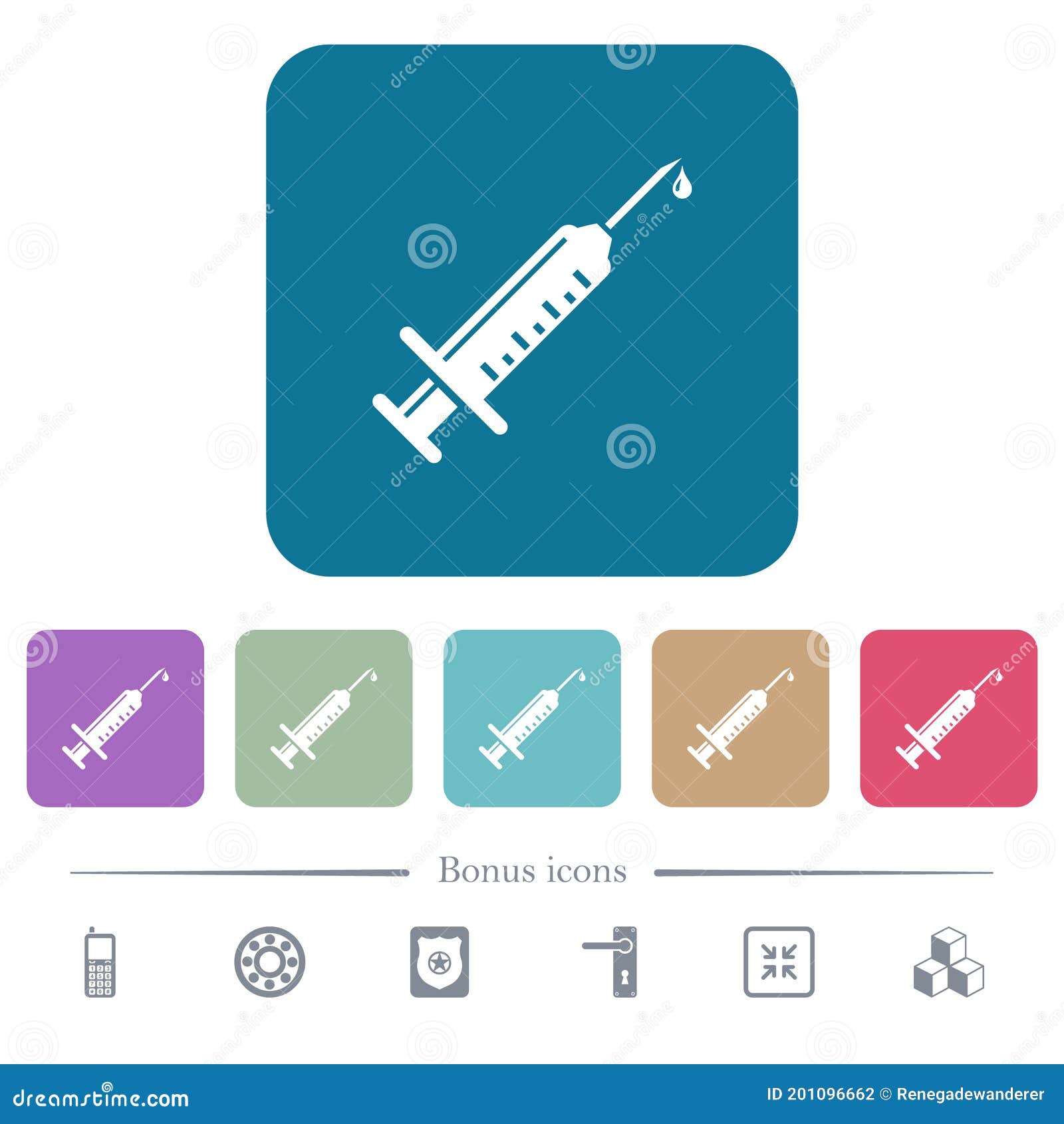 syringe with drop flat icons on color rounded square backgrounds