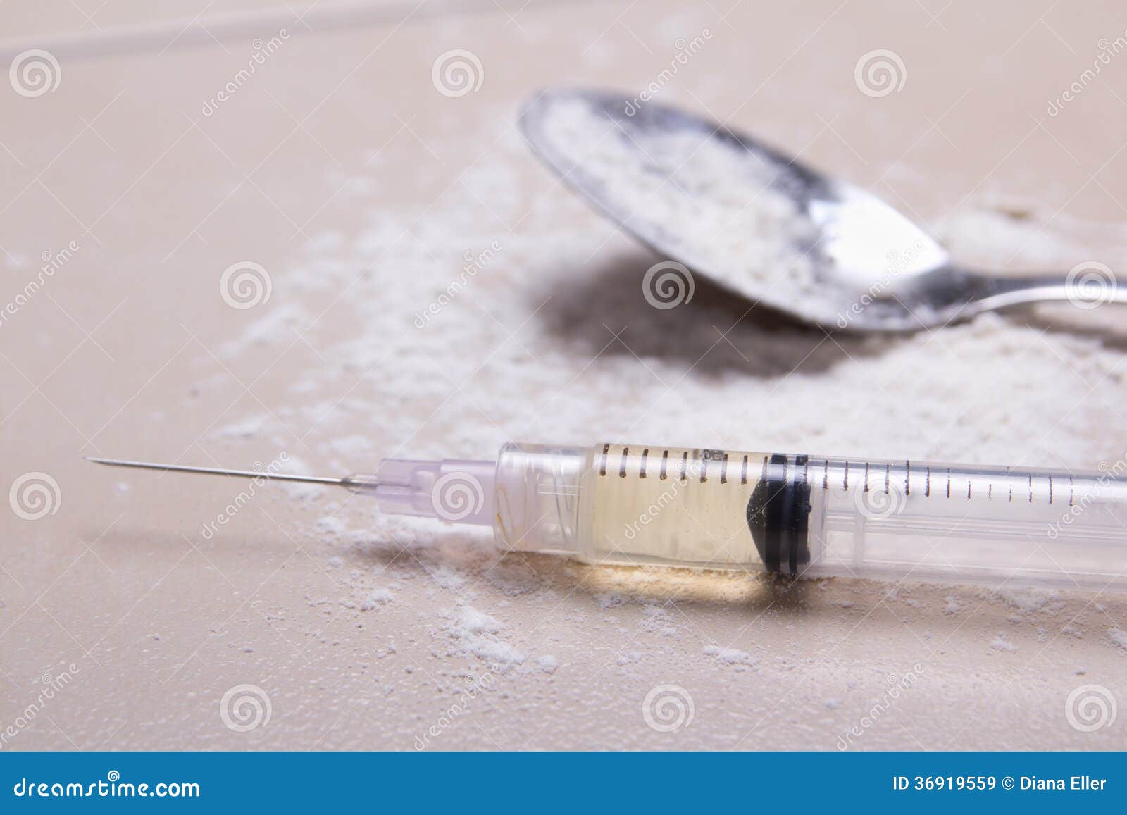 Syringe With Drug Substance, Heroin Powder And Spoon On ...