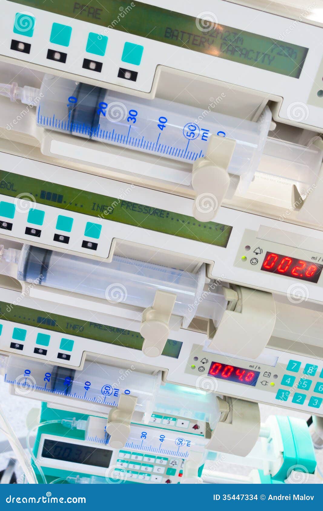 Syringe pumps in ICU. stock photo. Image of health, procedure 35447334