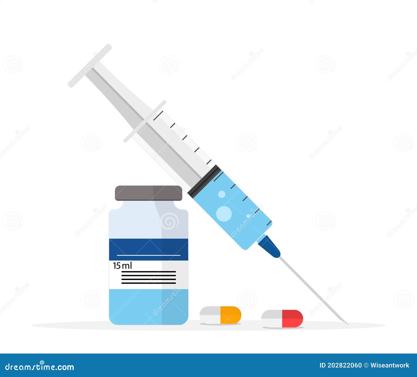 syringe with vial for injection. bottle with vaccine. antibiotic in plastic vial for inject. needle of syringe for shot of drug.