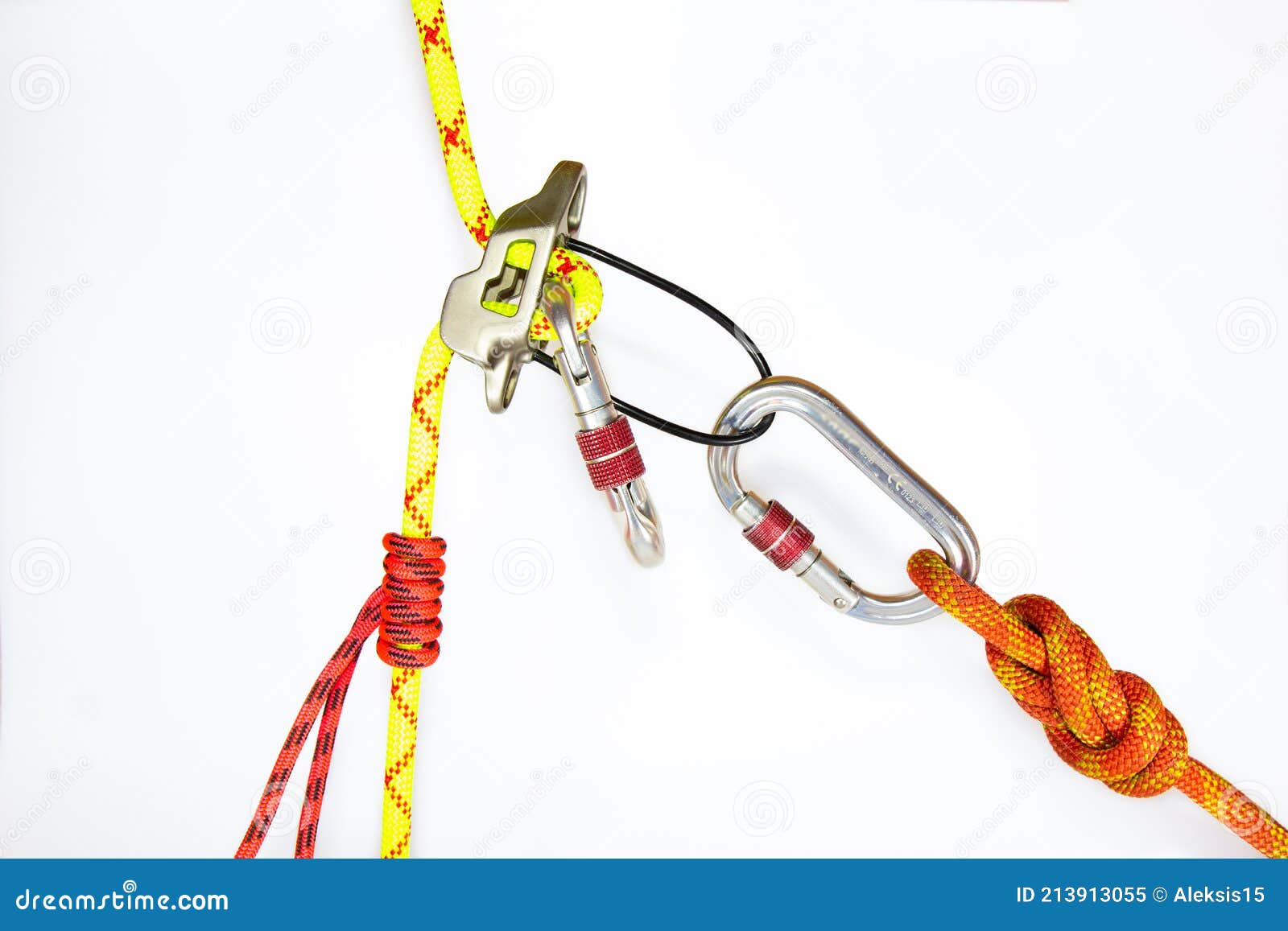 system classic dulfer using belay equipment atc,  on white background. sport equipment ed for self descent