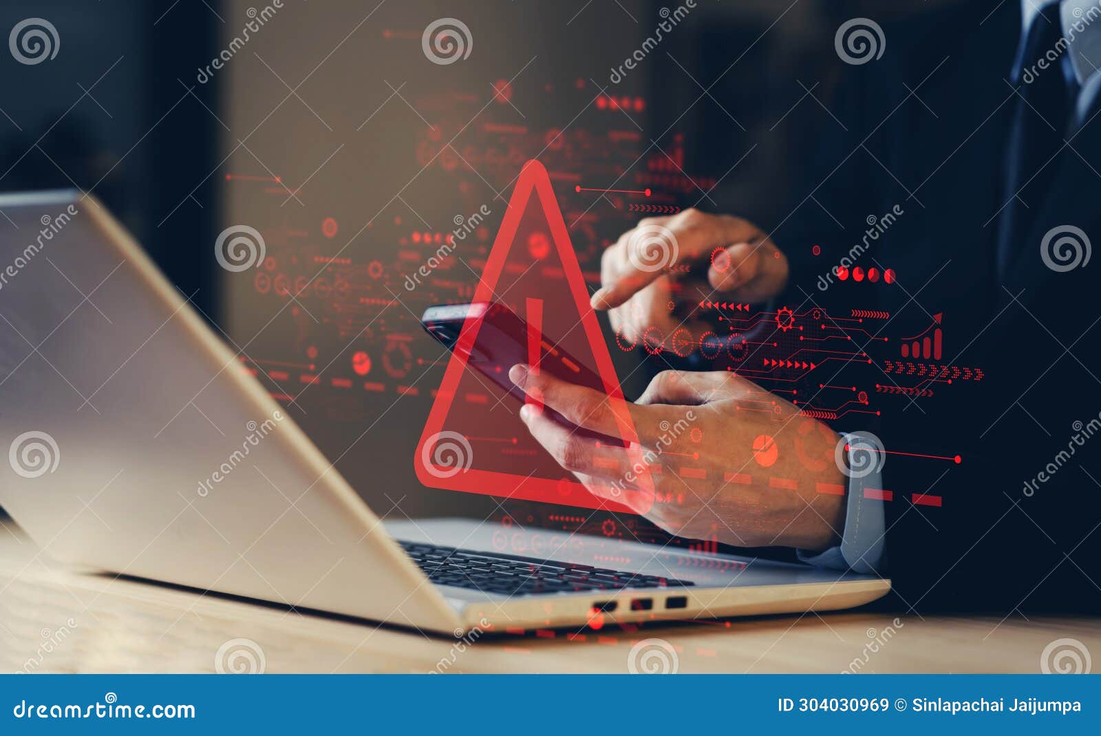 System Hacked Warning Alert on Laptop, Smartphone. Cyber Attack on