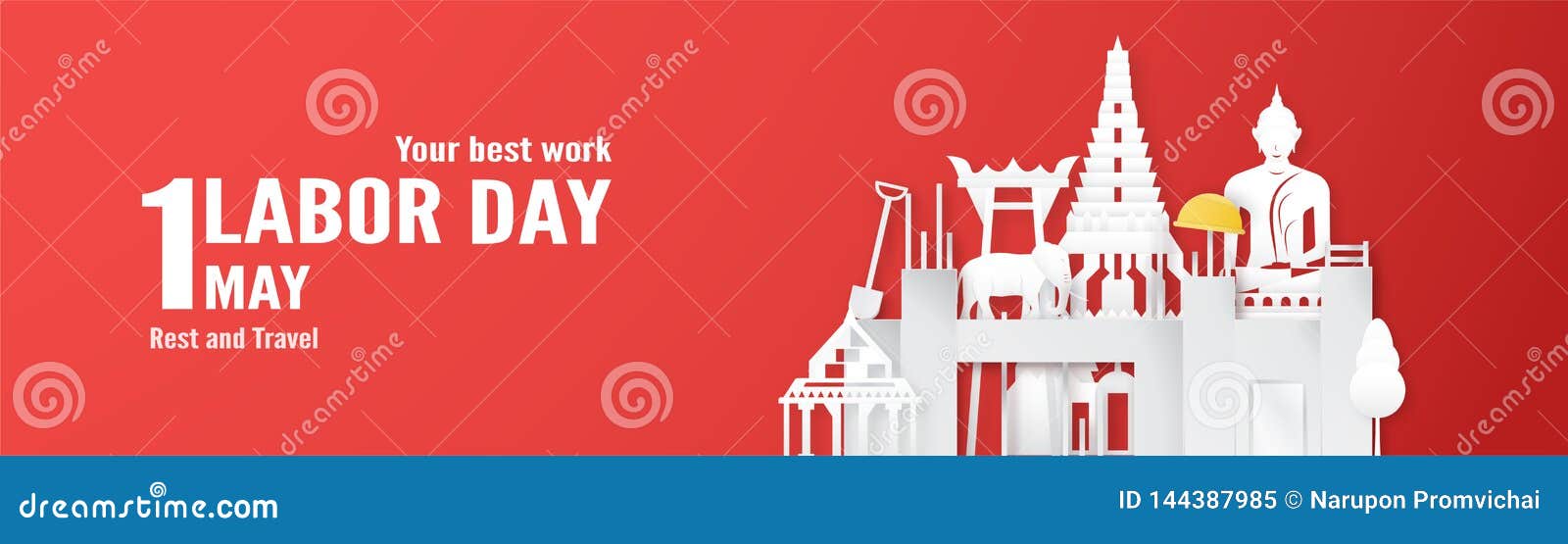 Happy Labor day on 1 May of years. Template design for banner, poster, cover, advertisement, website. Vector illustration in paper cut and craft style on red background