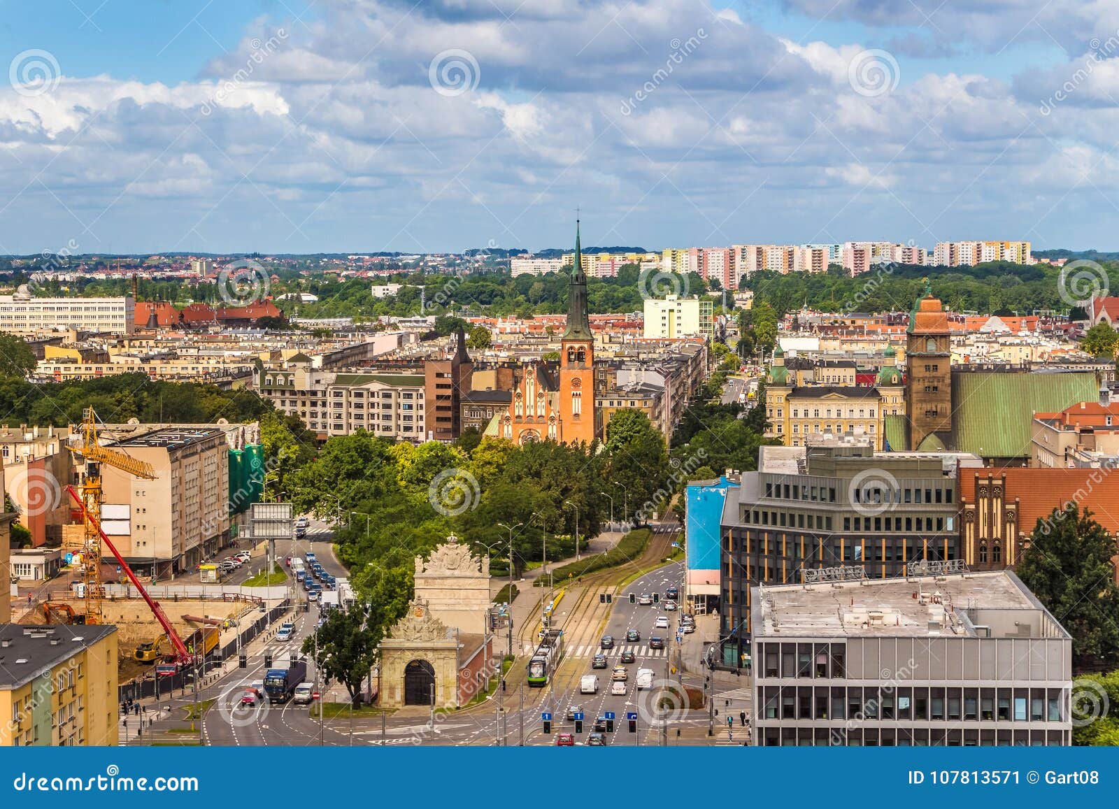 szczecin - a city landscape from a bird`s eye view with the port gate.