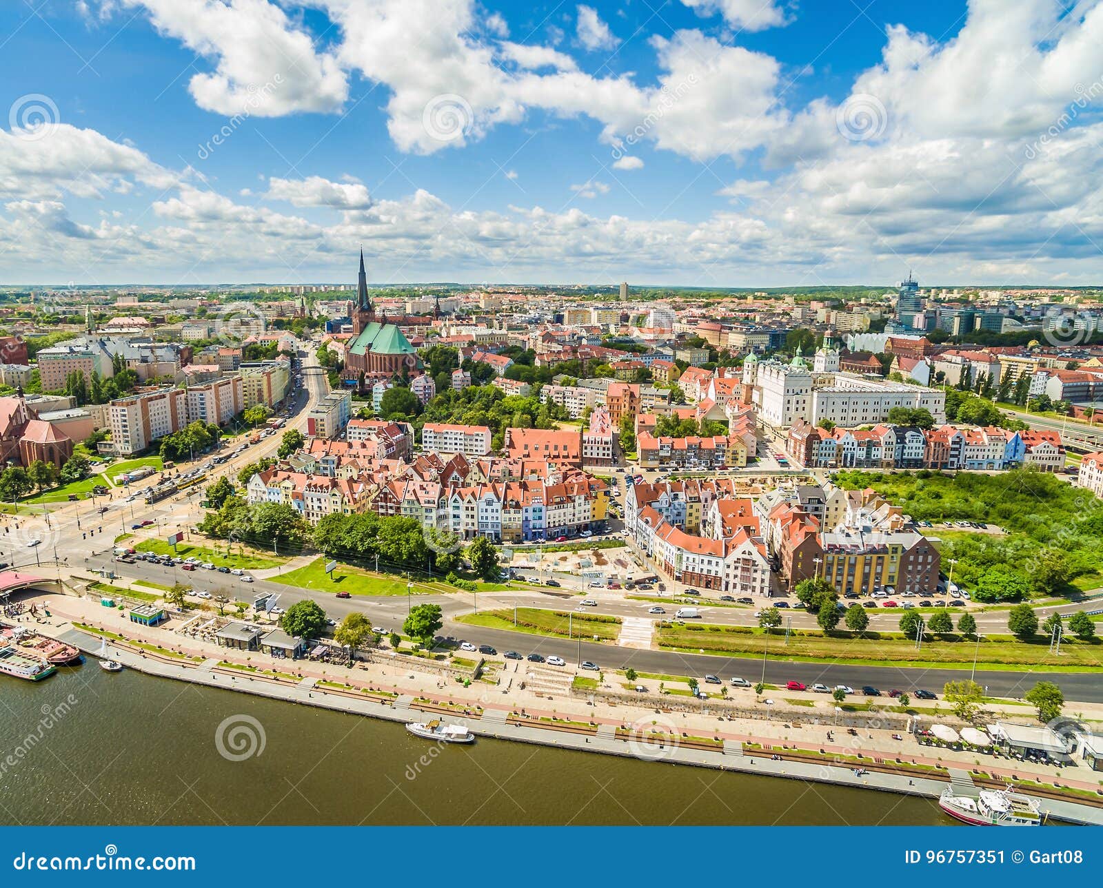 szczecin - wielickie embankment from the bird`s eye view. landscape of old town with visible basilica and castle.