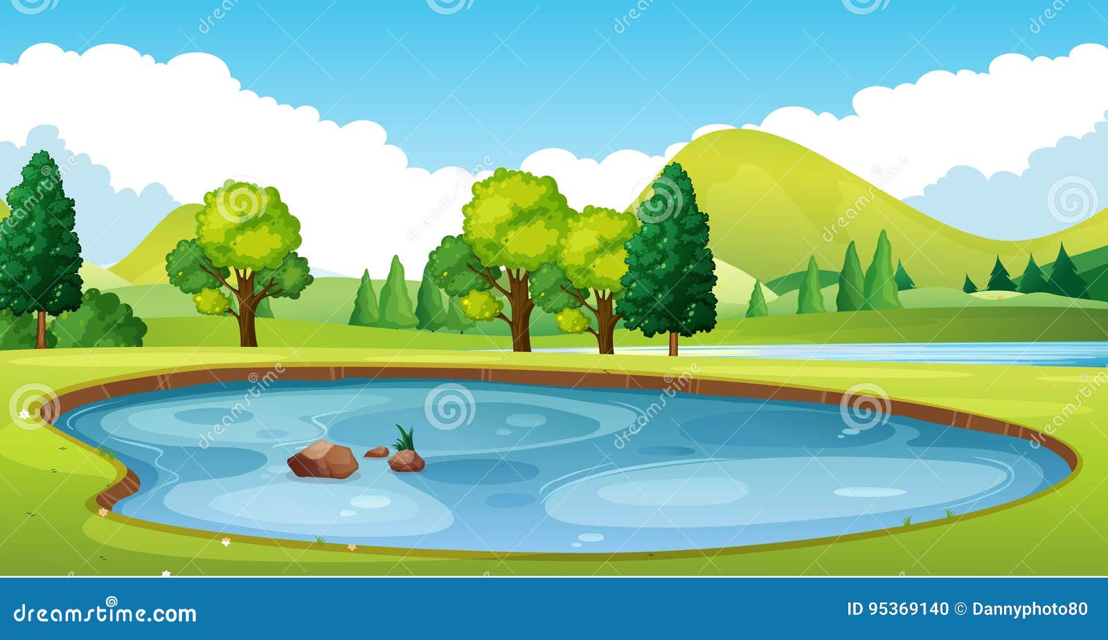 Szene Mit Teich Auf Dem Gebiet Vektor Abbildung Illustration von