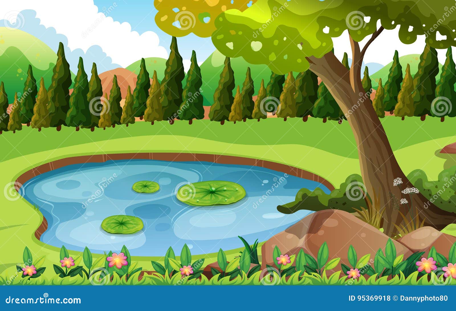 Szene Mit Teich Auf Dem Gebiet Vektor Abbildung Illustration von nave