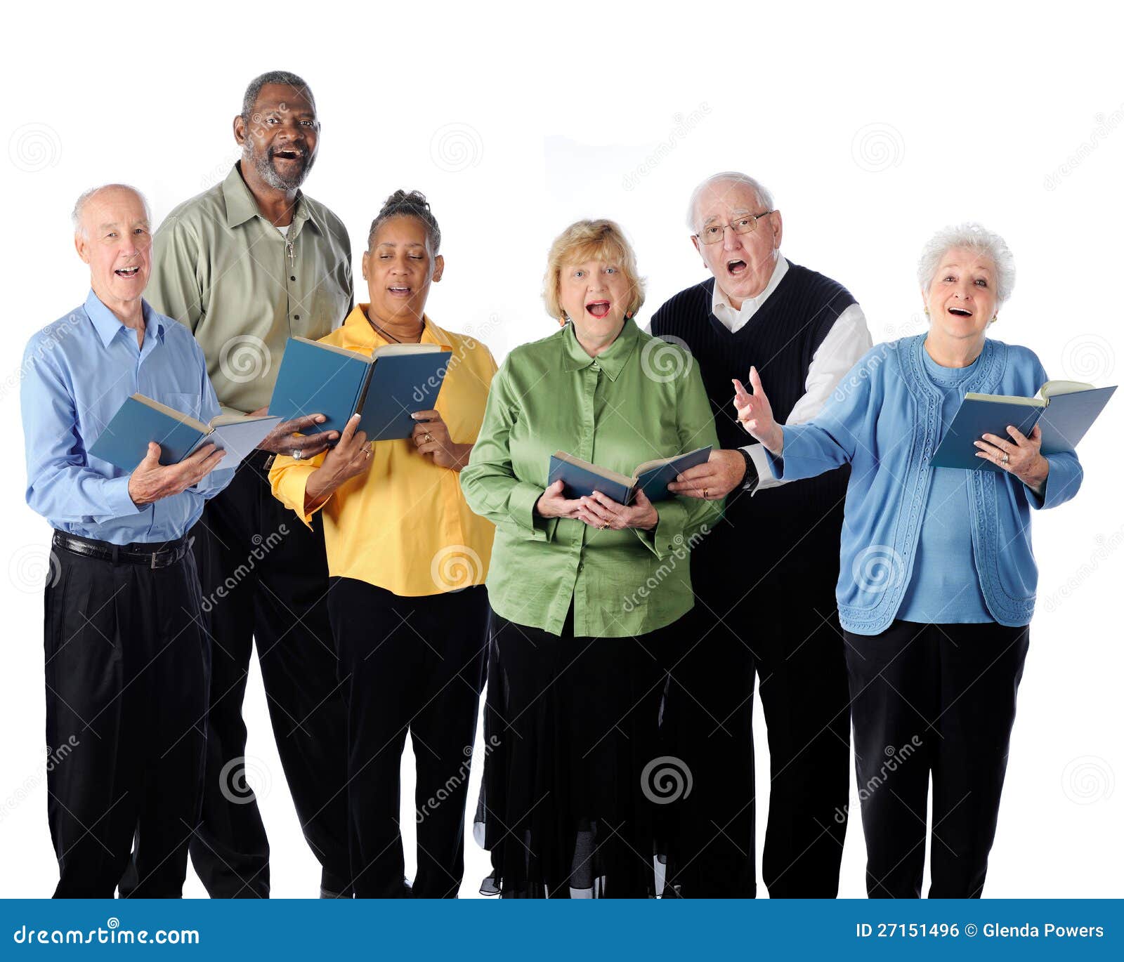 Séniores de canto. Seis adultos sênior feliz de canto. Em um fundo branco.