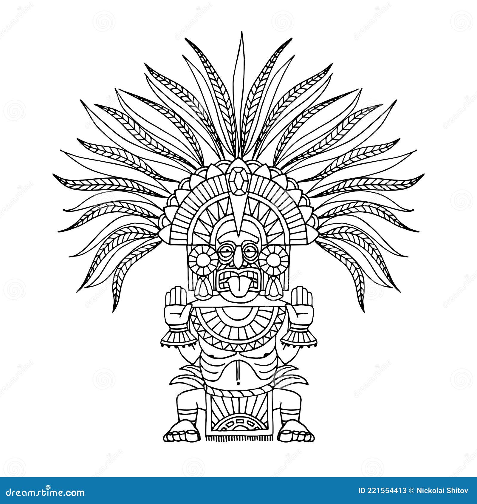 Tótem Decorativo Indio Dios Azteca En Chamán De La Corona De Plumas Con  Máscara Ilustración del Vector - Ilustración de garabato, maya: 221554413