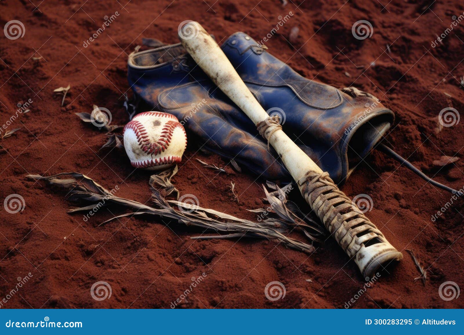 a t-ball bat and glove left on the field after a game