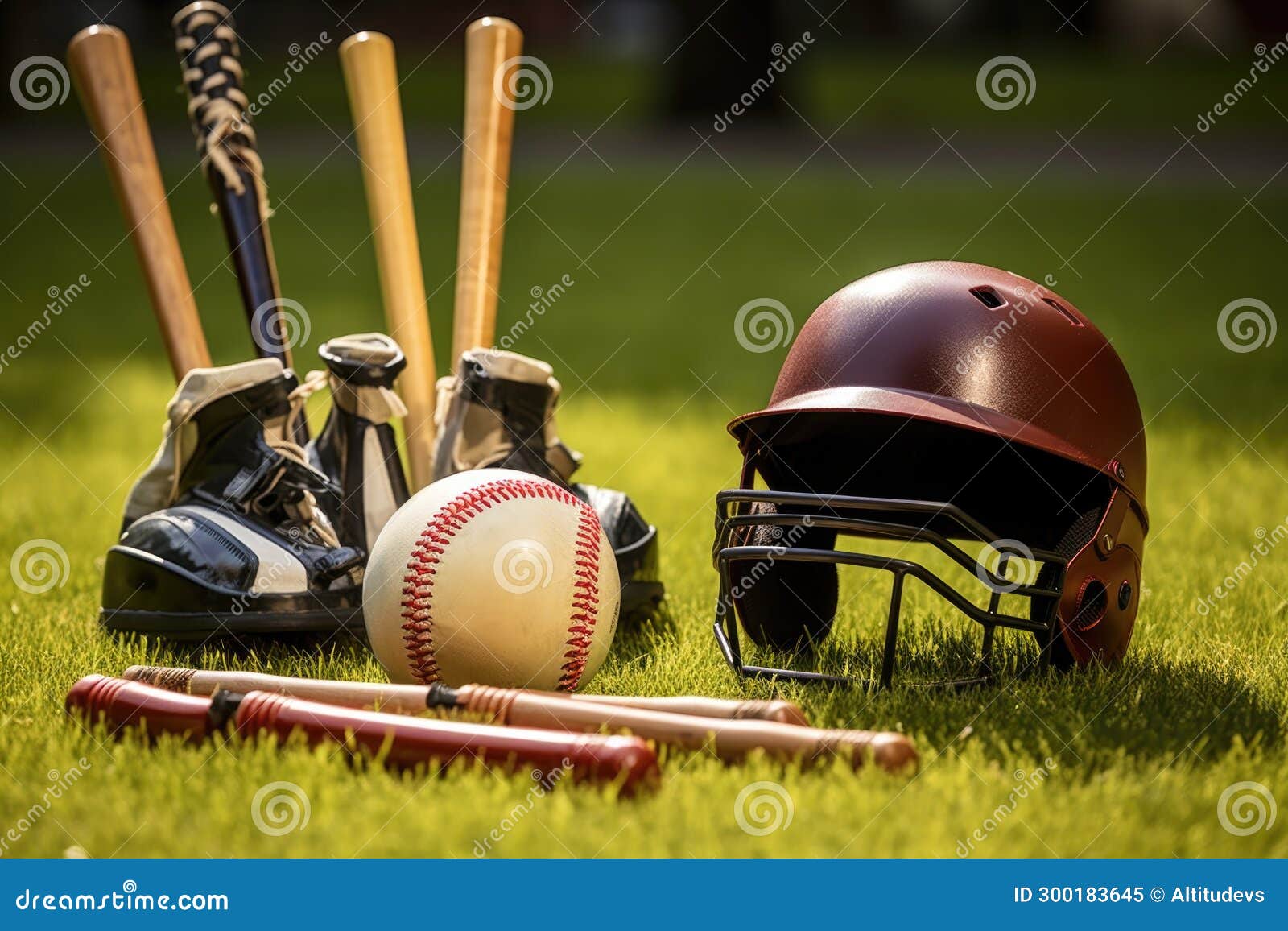 t-ball equipment including helmet, bat, and ball on the grass