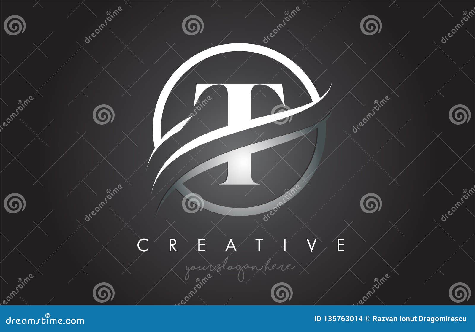 T Letter Logo Design with Circle Steel Swoosh Border and Creative Icon