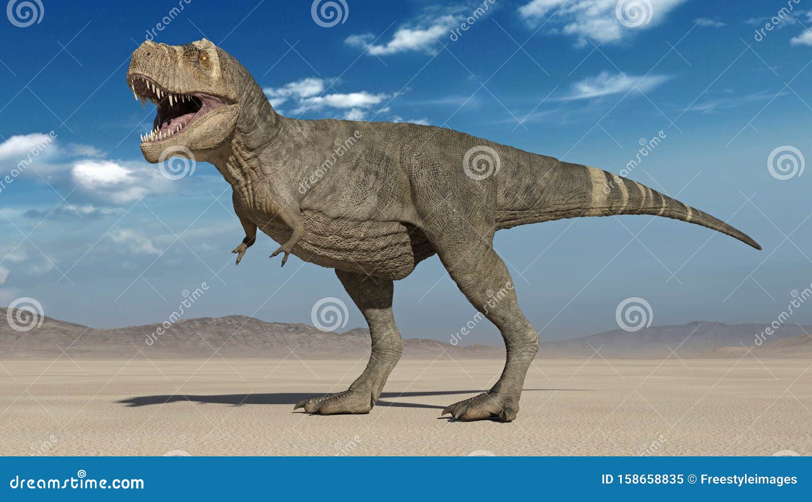 T-Rex Dinosaur, Tyrannosaurus Rex reptile running, prehistoric Jurassic  animal in deserted nature environment, 3D illustration Stock Illustration