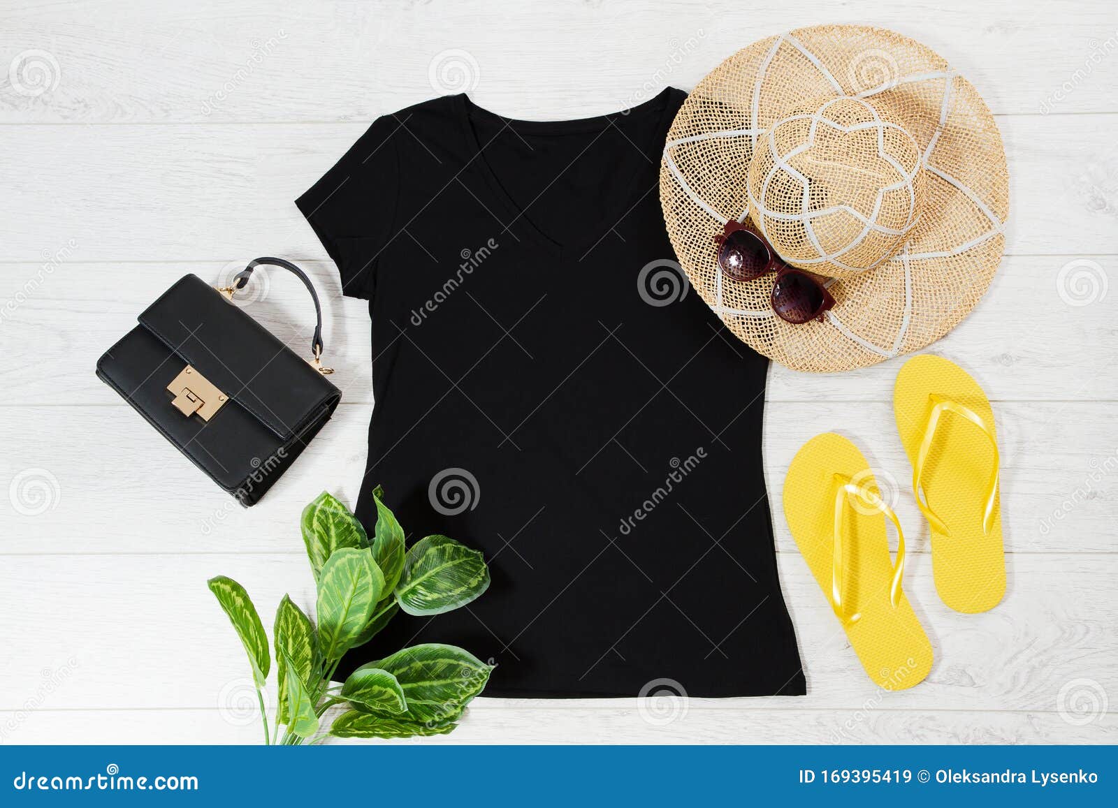 Download T Shirt Black And Slippers. T-shirt Mockup Flat Lay With ...