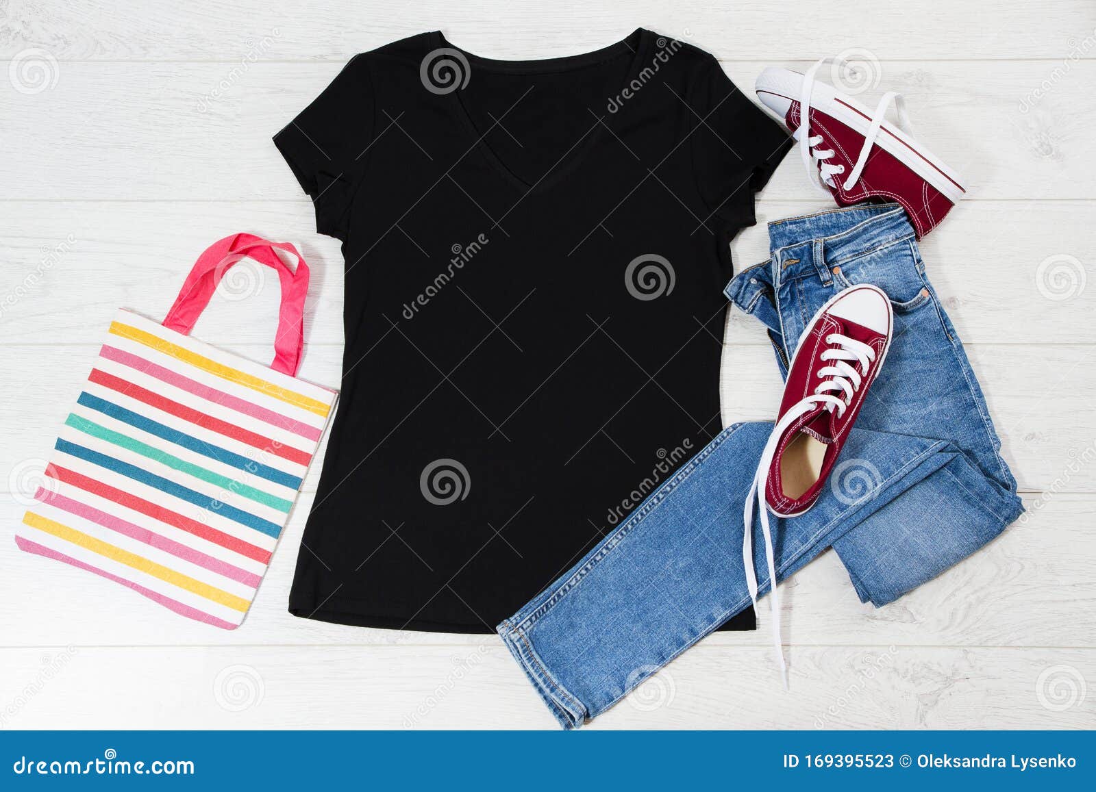 T Shirt Black and Sneakers. T-shirt Mockup Flat Lay with Summer ...