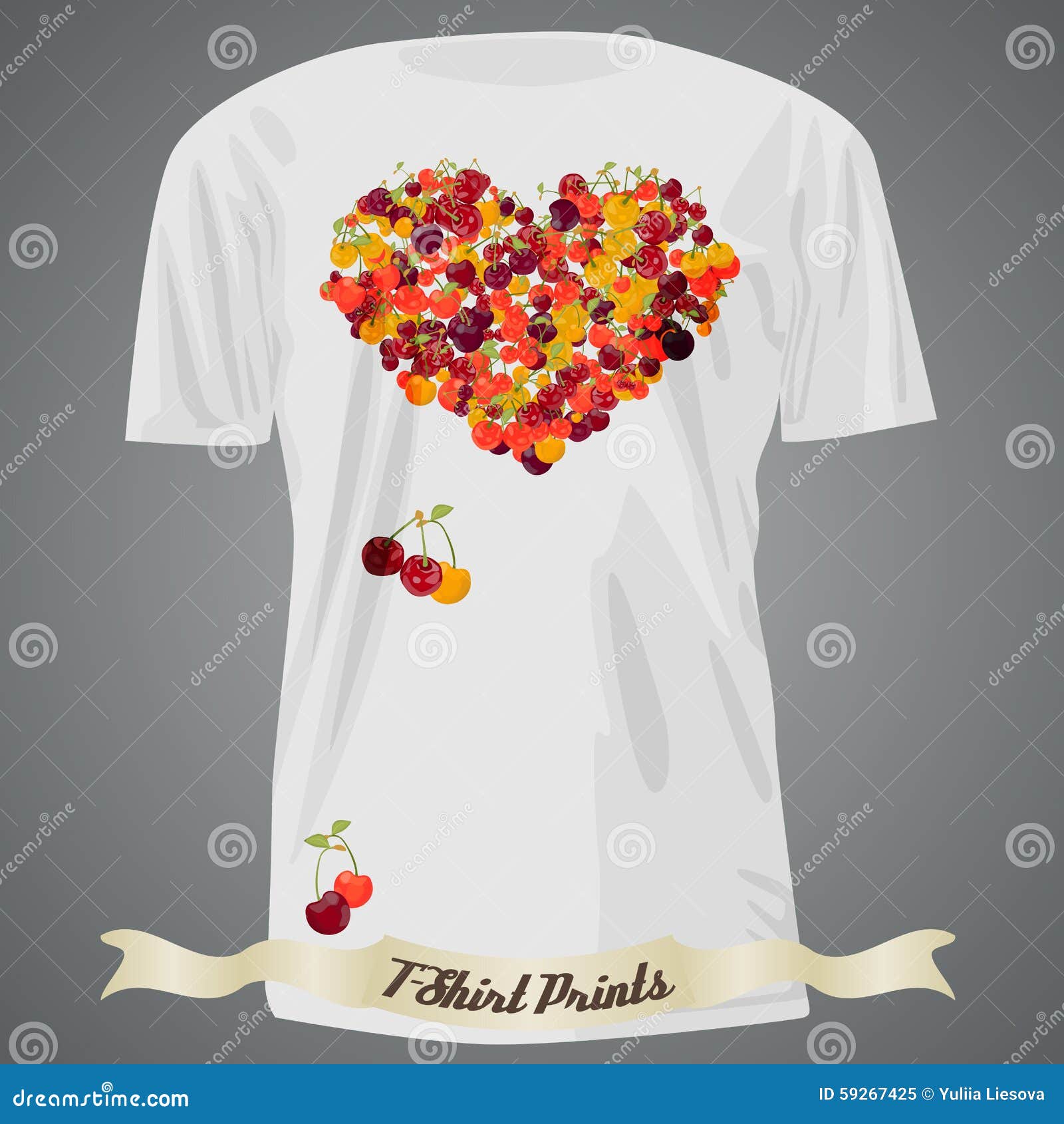 Tshirt Design with Heart Made of Cherry Stock Vector Illustration of