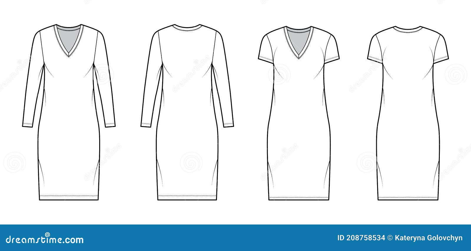 T-shirt Dress Technical Fashion Illustration with V-neck, Long, Short ...
