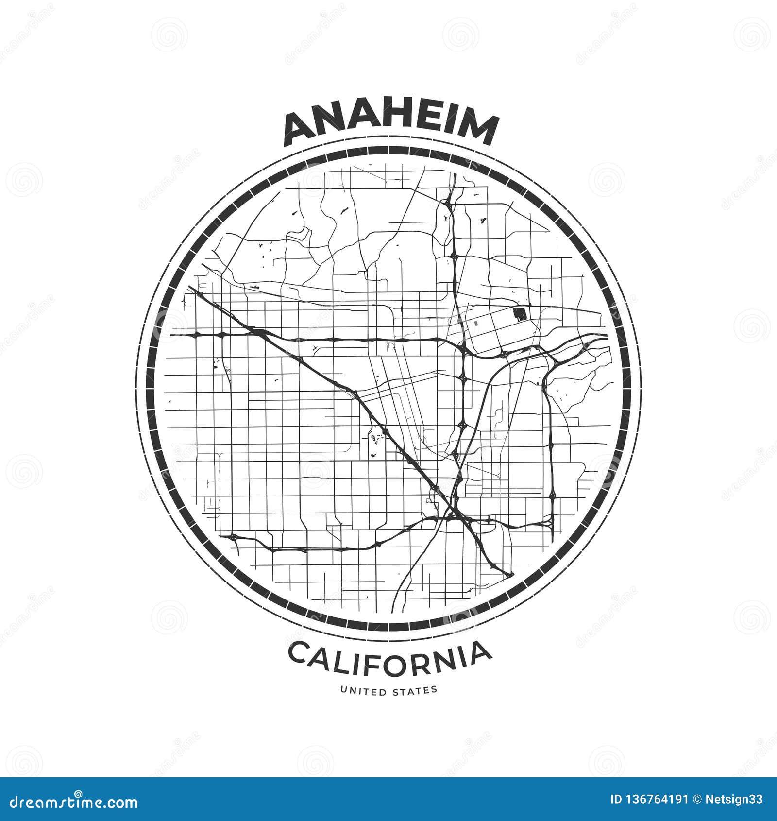 t-shirt map badge of anaheim, california
