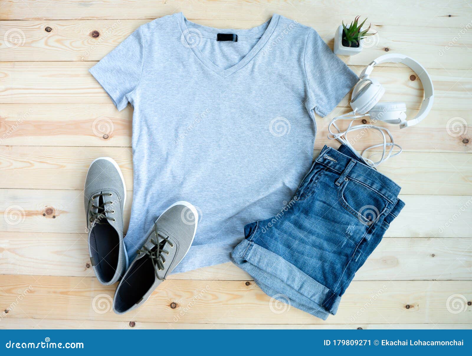 Gray Female T Shirt Mock Up Flat Lay on Wooden Background. Top Front ...