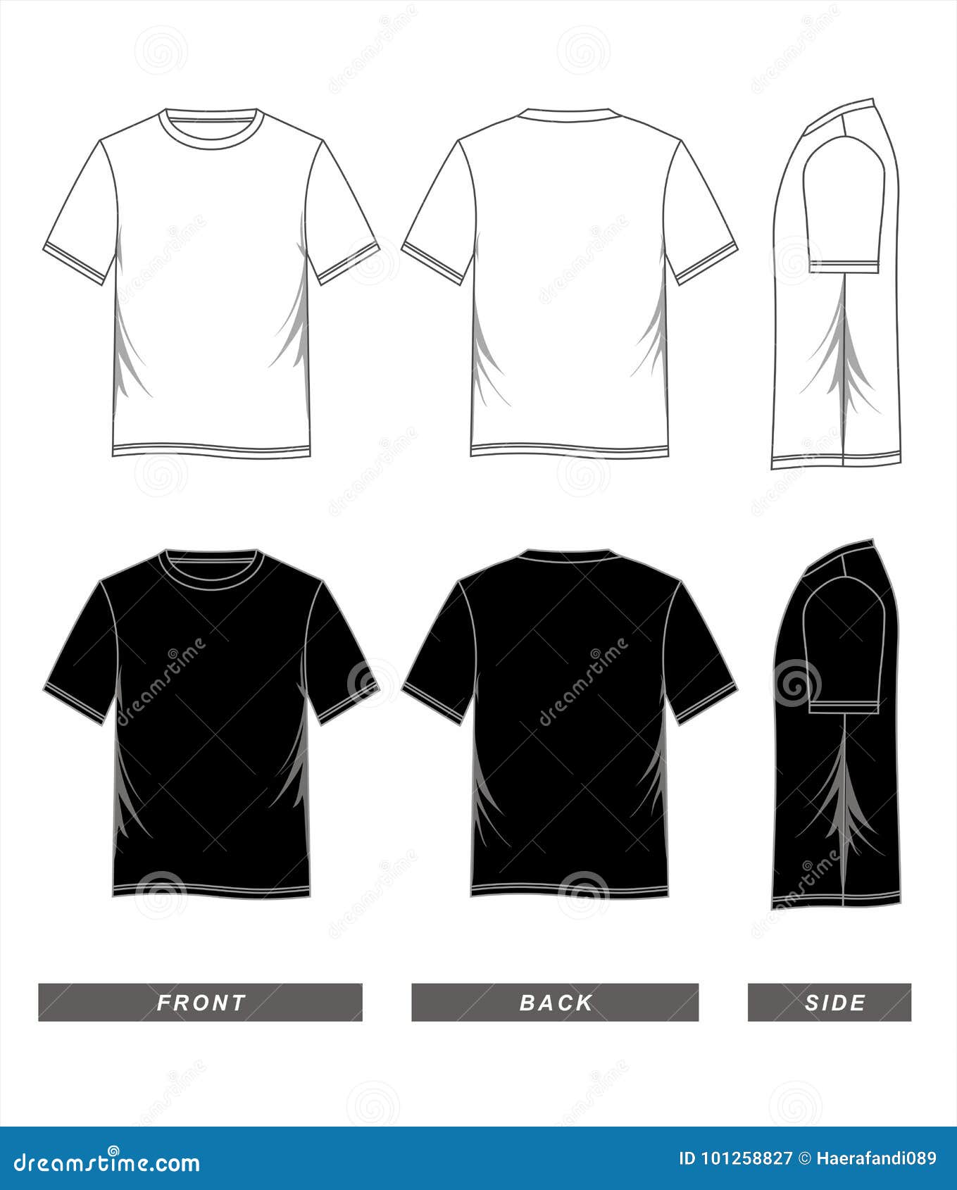 t-shirt template black white, front, back, side