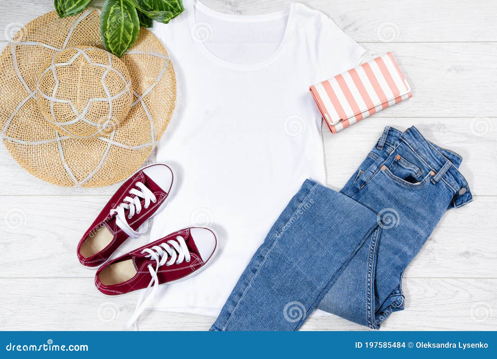 T Shirt White and Sneakers. T-shirt Mockup Flat Lay with Summer ...