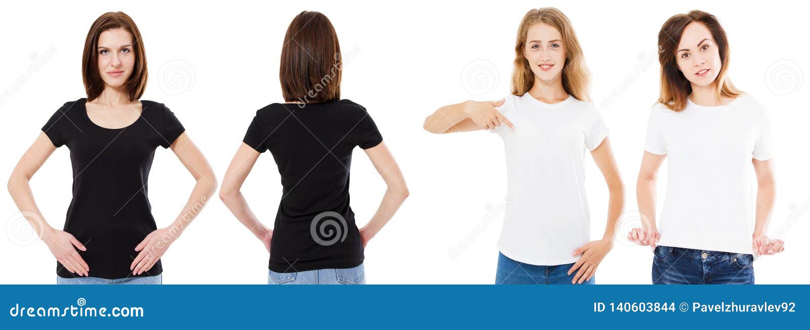 Download T Shirts Set Front And Back Views Woman In Black And White Tshirt Mock Up Copy Space Three Women T Shirt Stock Photo Image Of Fashion Advertisement 140603844