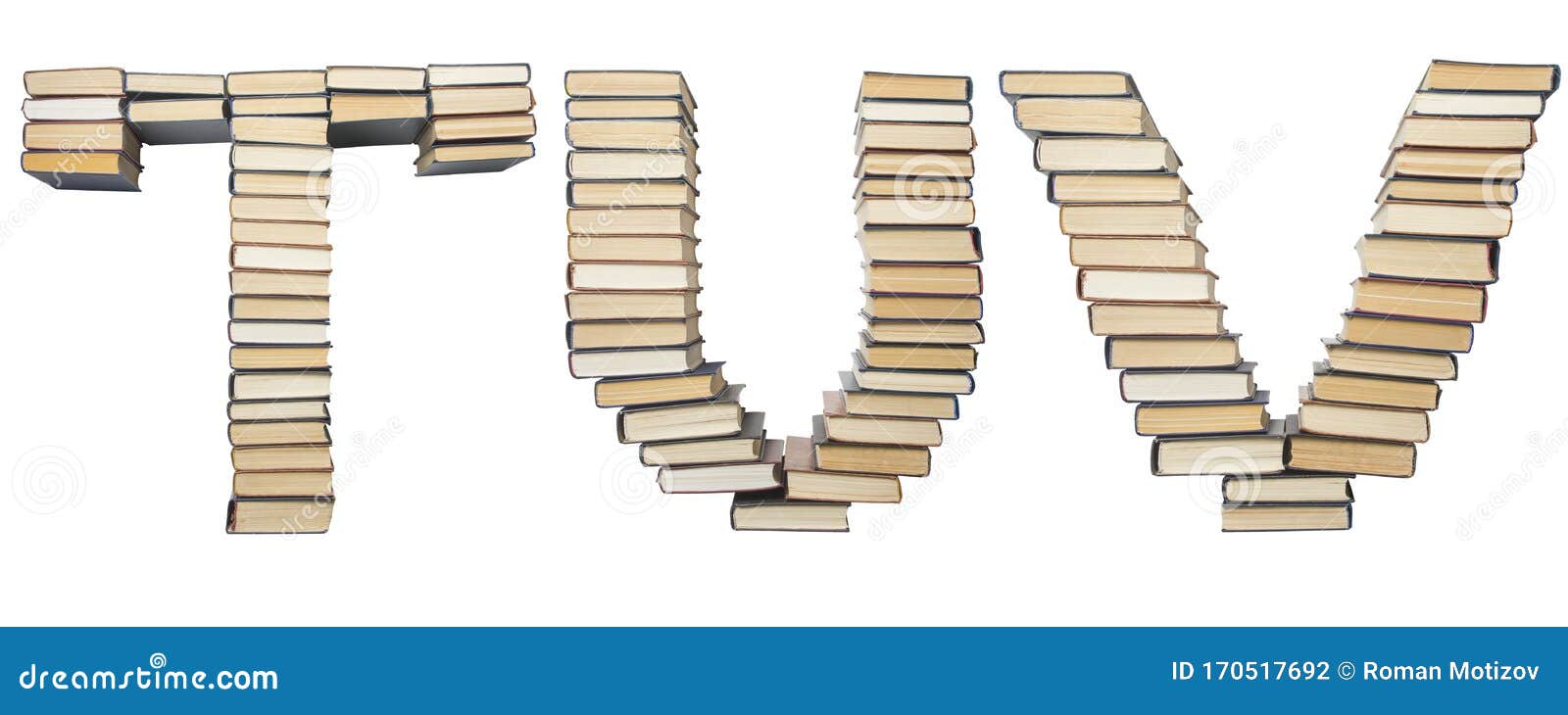 t u v letter from books. alphabet  on white background. font composed of spines of books