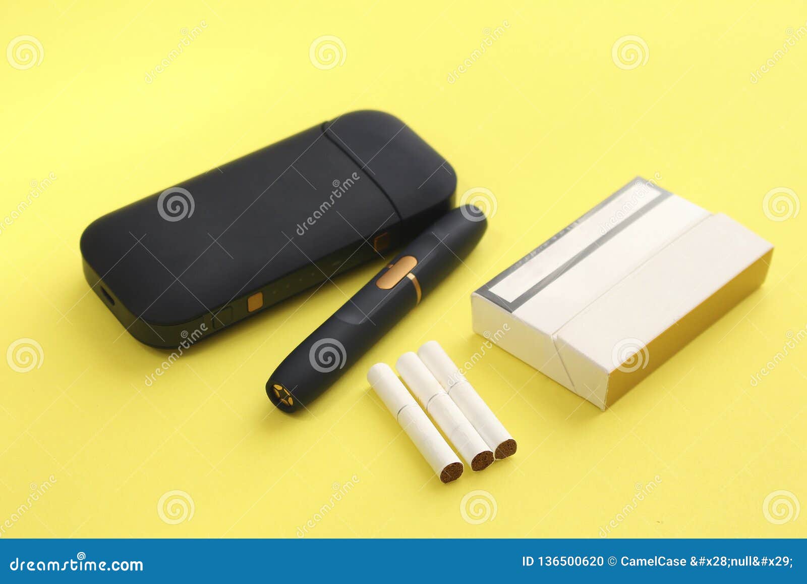 Tabacco Heating System , Cigarette Pack And Sticks On Yellow Background