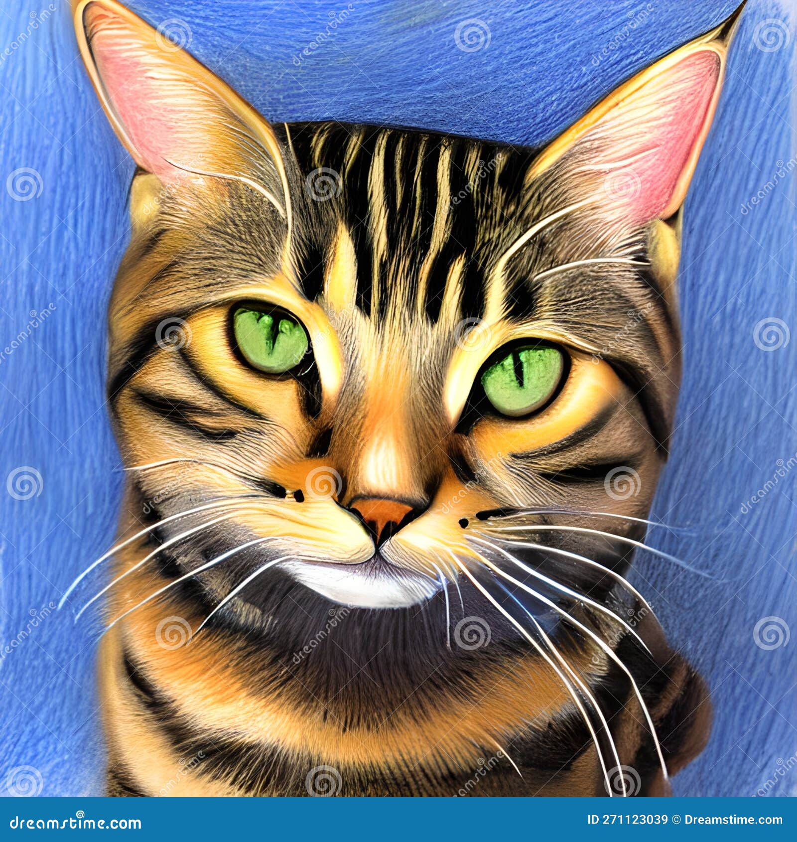 Tabby Cat, Detailed Drawing of the Head in the Style of a Crayon