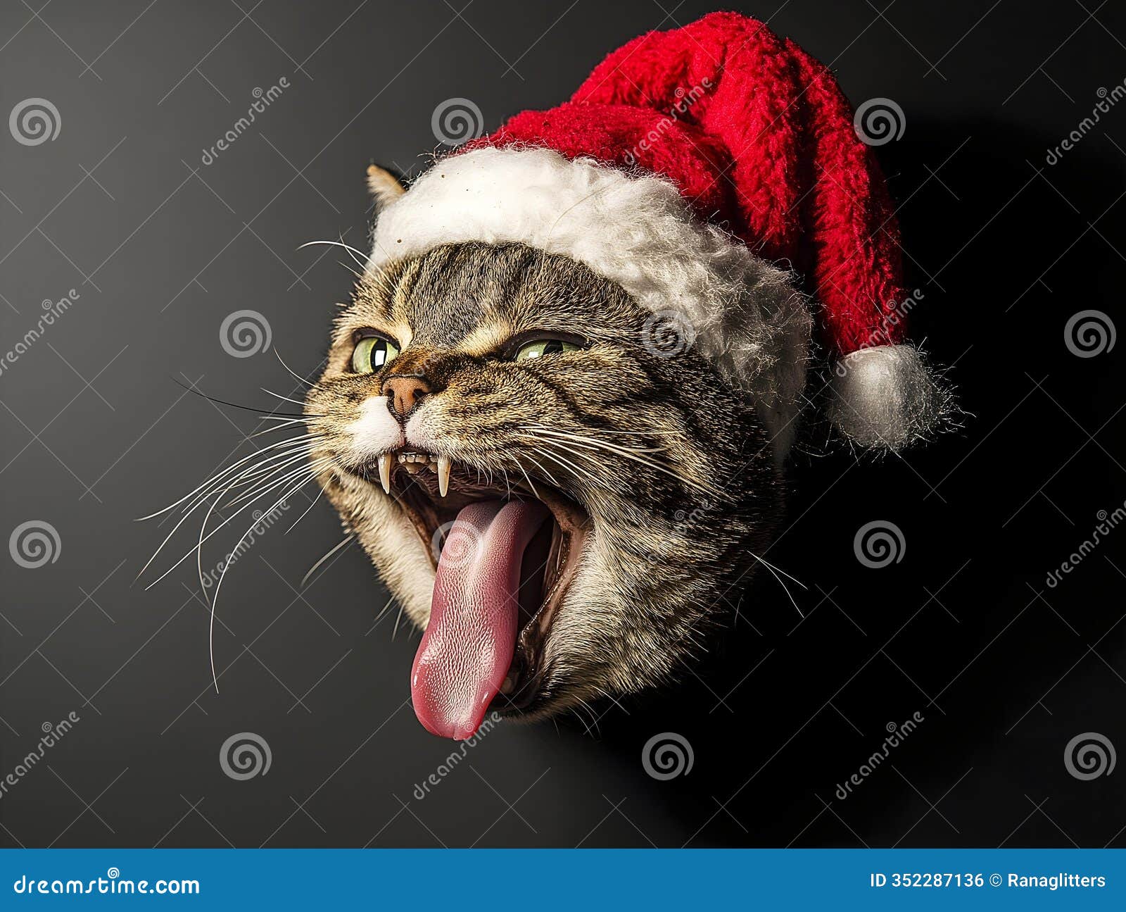 a tabby cat wearing a santa hat with its mouth open, tongue out, and eyes wide, creating a comical and festive christmas image