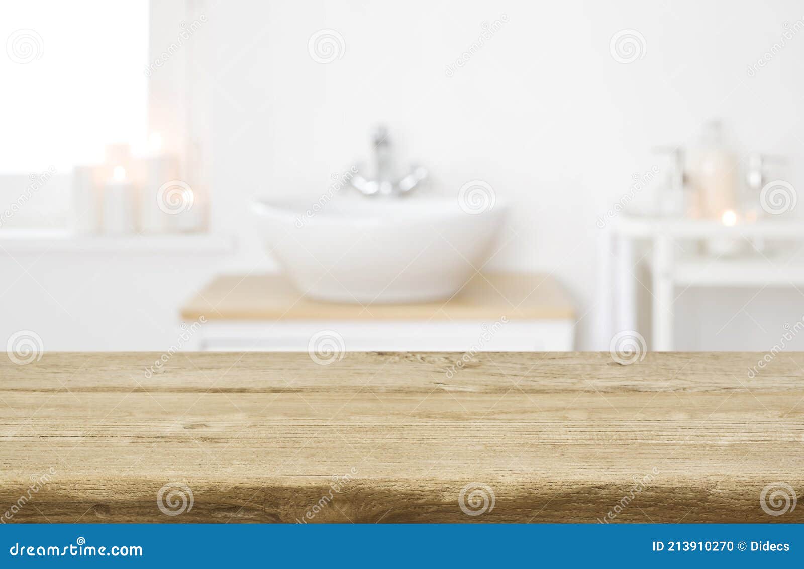 table board before heavily blurred spa salon bathroom shelves background