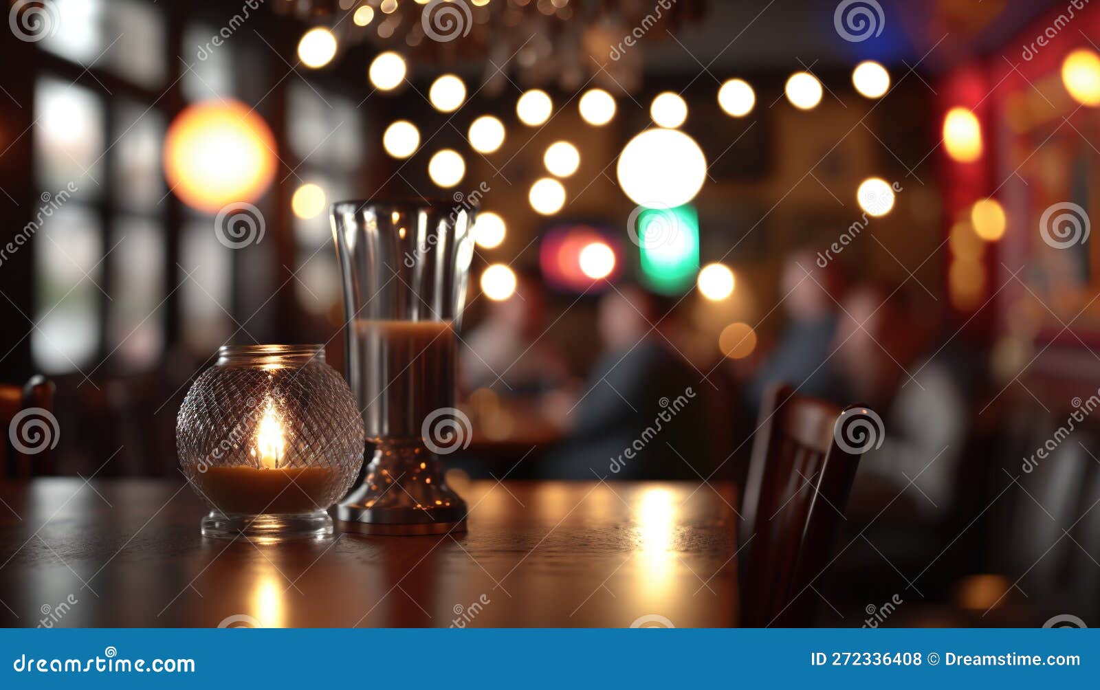 A Table with a Candle and a Vase on it in a Restaurant Stock