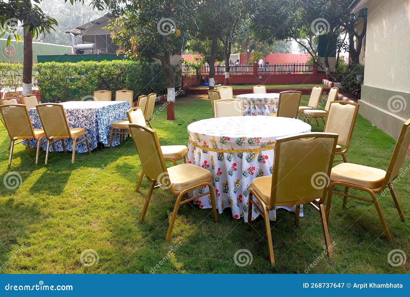 Table and Chair Arrangement in Open Space for Wedding Event Stock Image
