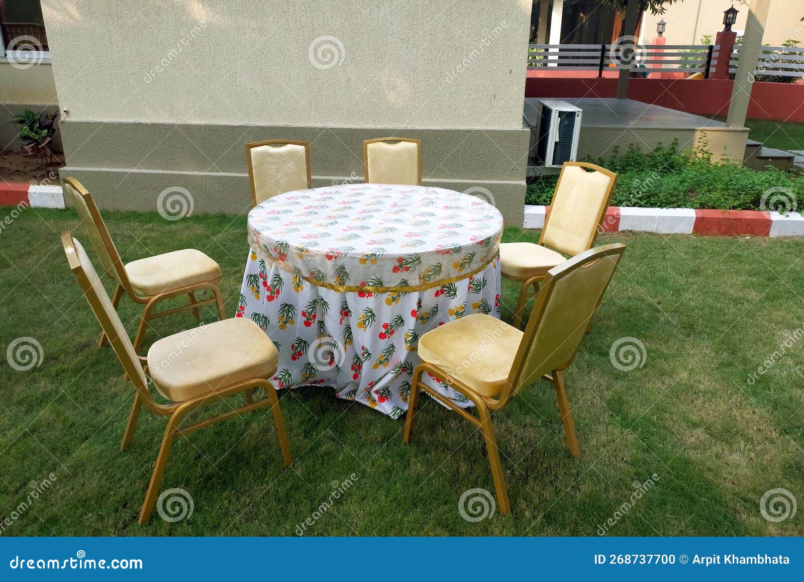Table and Chair Arrangement in Open Space for Wedding Event Stock Photo