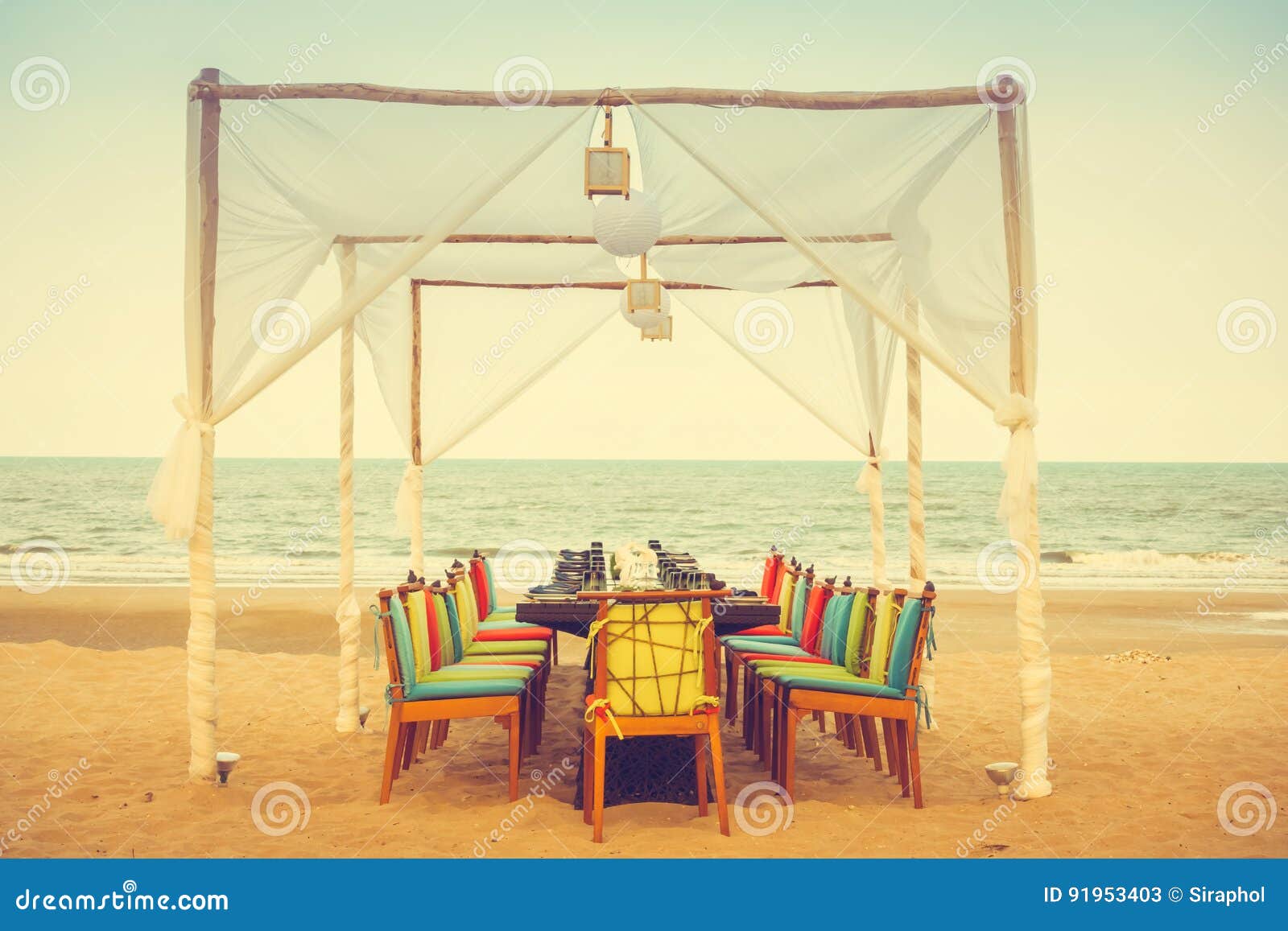 Table and Chair Set on the Beach for Dinner Stock Image Image of outdoor, setting 91953403