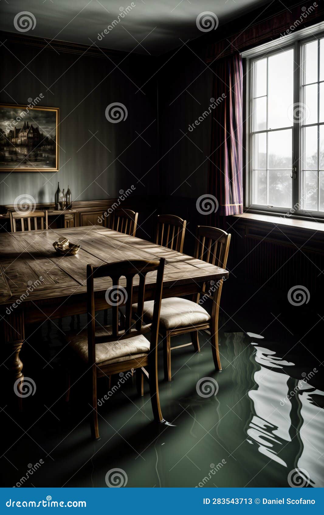 A Table and Chairs in a Dark Room. Generative AI Stock Illustration