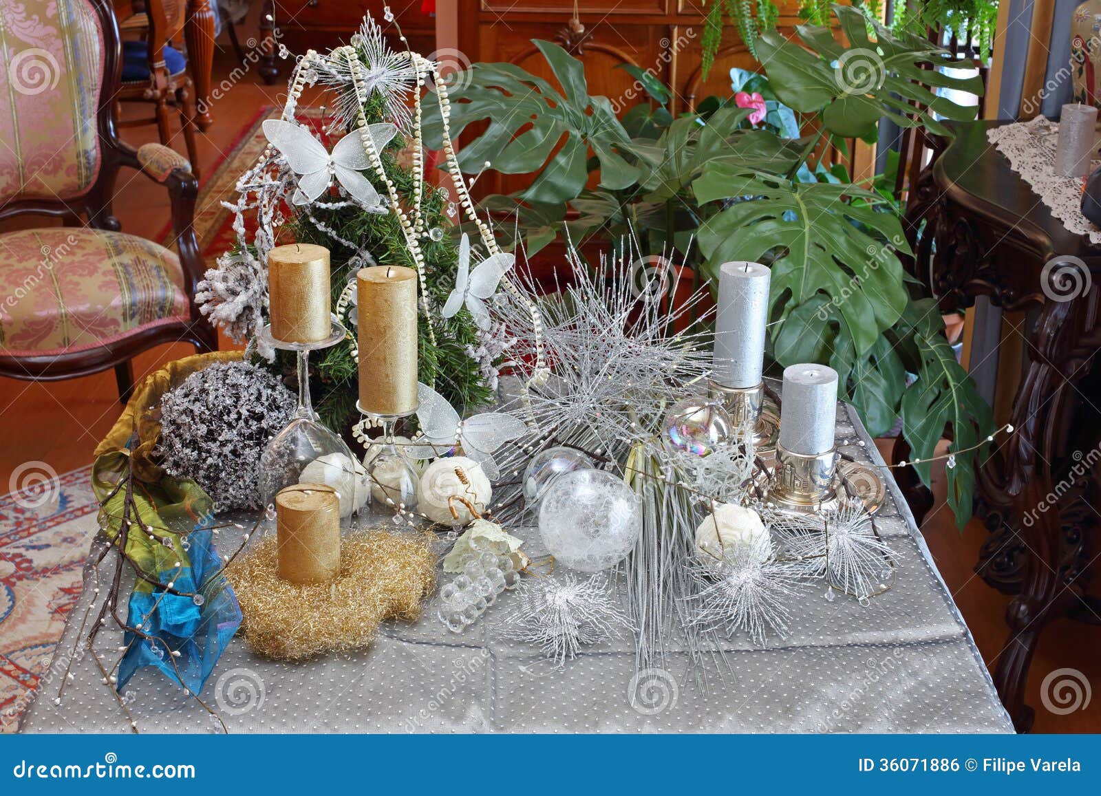 Table with Christmas Ornament Stock Photo - Image of interior, glass