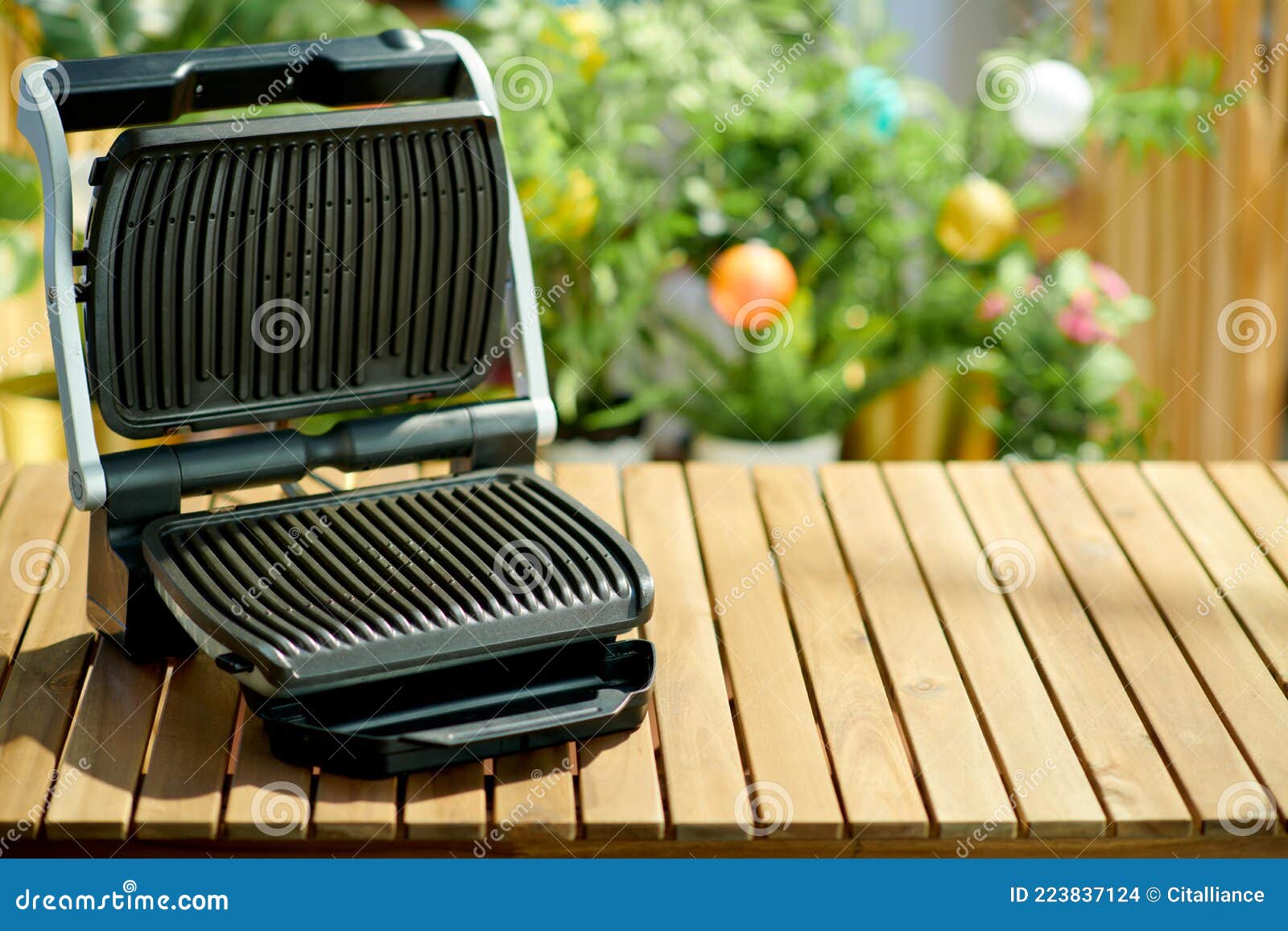 Summer Backyard Picnic. Table with Electric Grill Stock Photo Image
