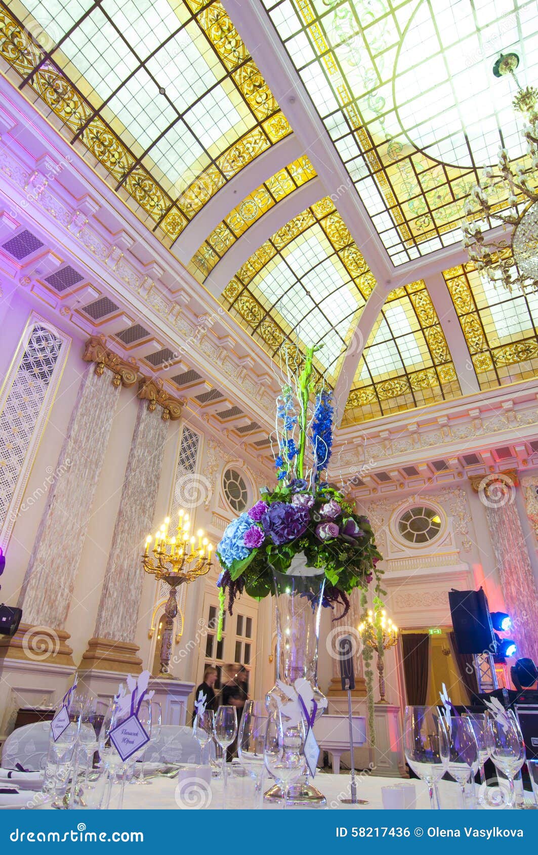 Table with Flowers in Banquet Hall Stock Photo Image of bouquet