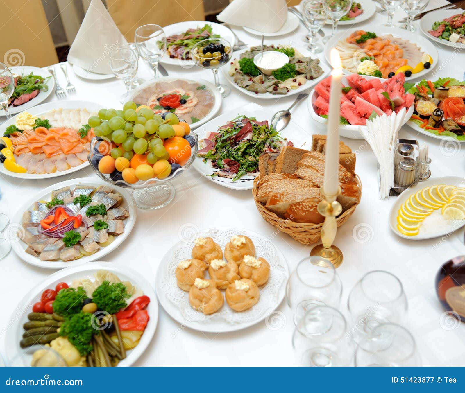 Table with Food in Restaurant Stock Image - Image of delicious, cater