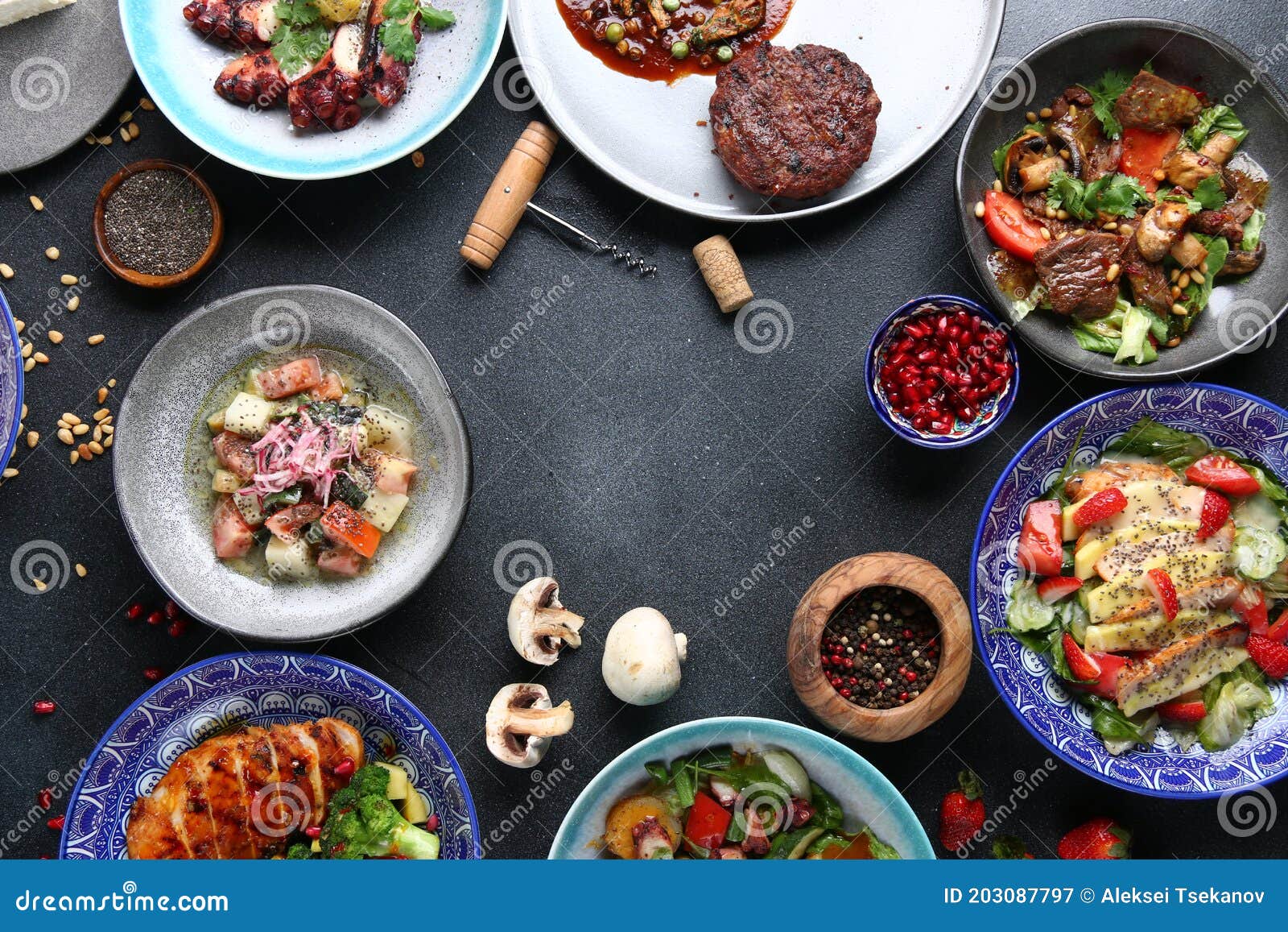 Table Food Top View. Set of Dishes on the Table. International Mix Set