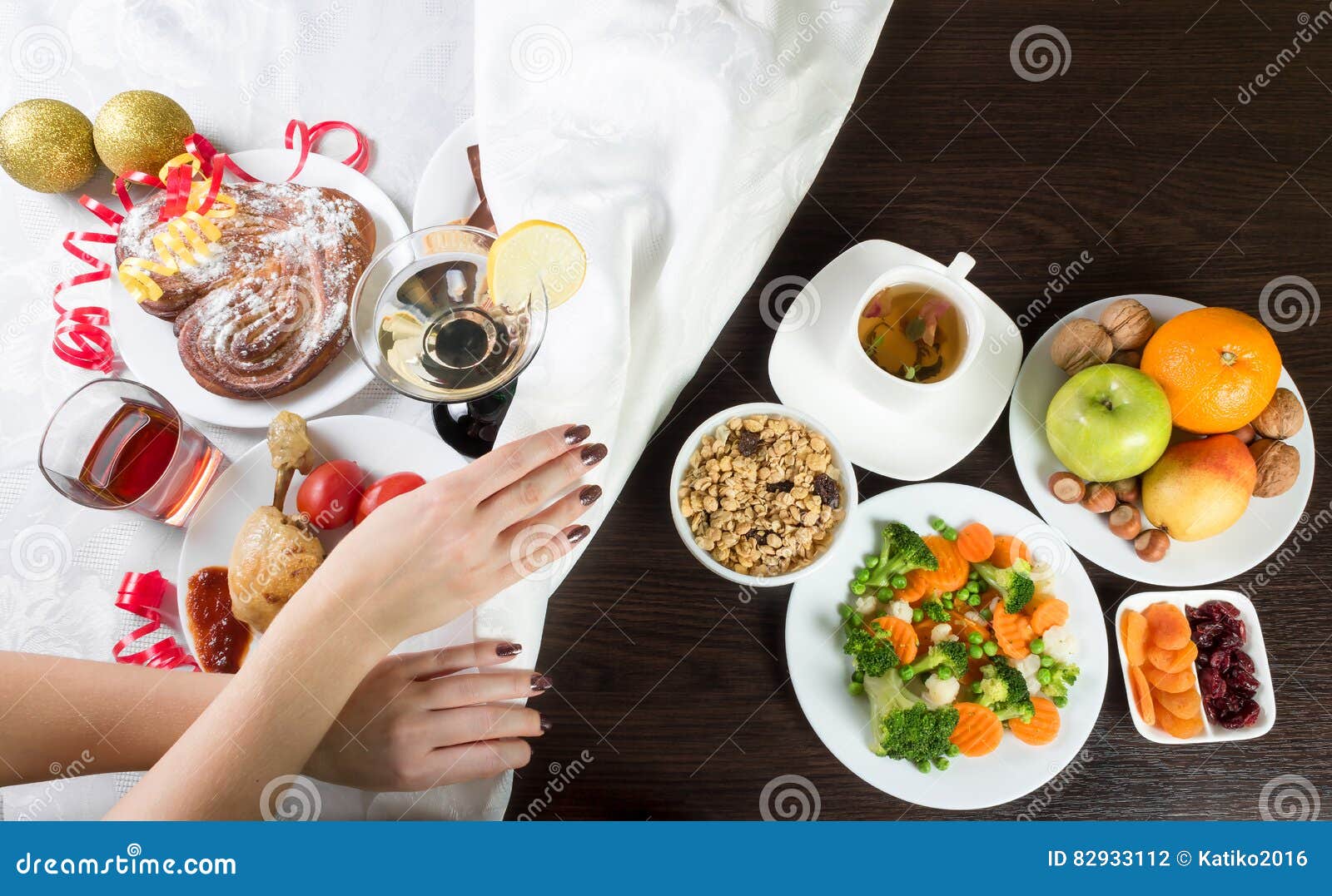 table with healthy and unhealthy food and alcohol. dieting after ÃÂ¡hristmas