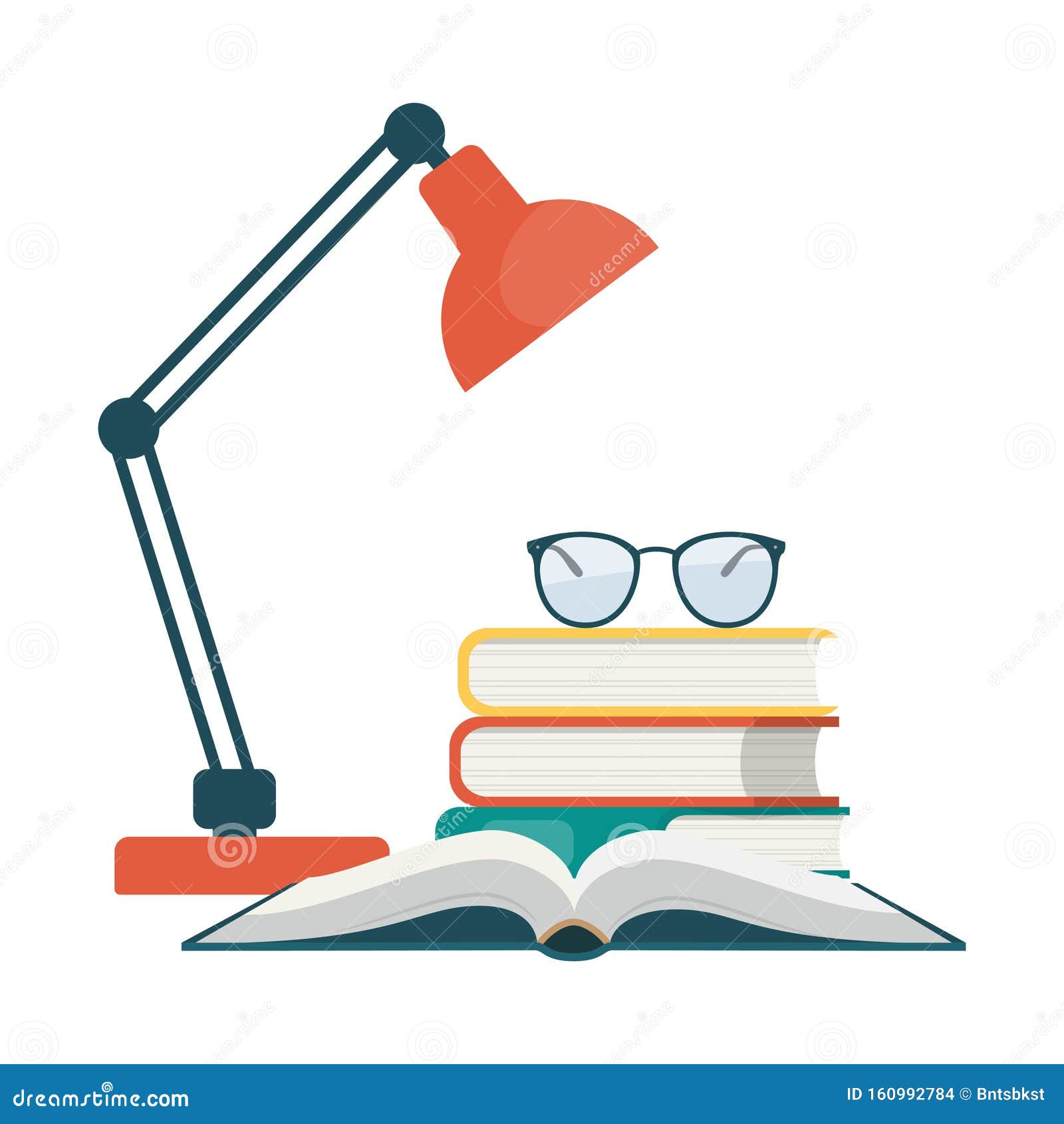 Table Lamp, Different Books, Glasses. Love Reading Concept Stock