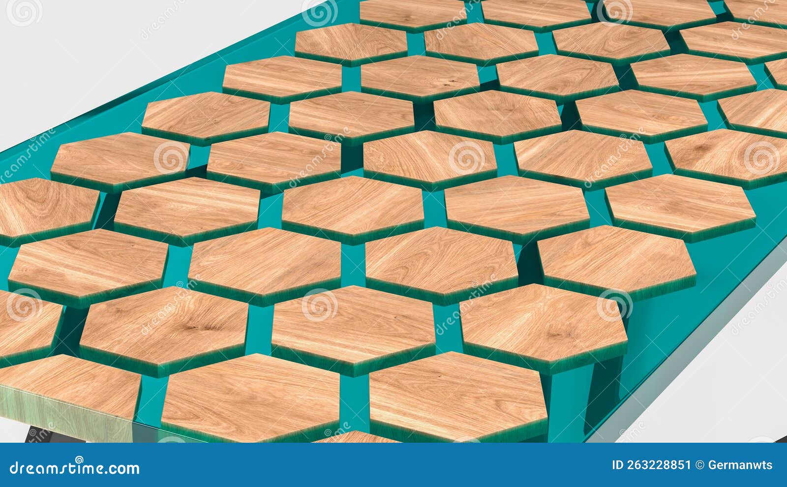 Table Made of Green Epoxy Resin with Wooden Hexagonal Elements. 3D