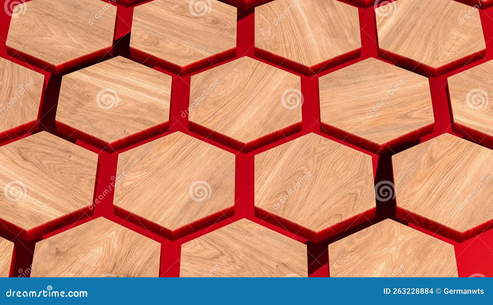 Table Made of Red Epoxy Resin with Wooden Hexagonal Elements. 3D