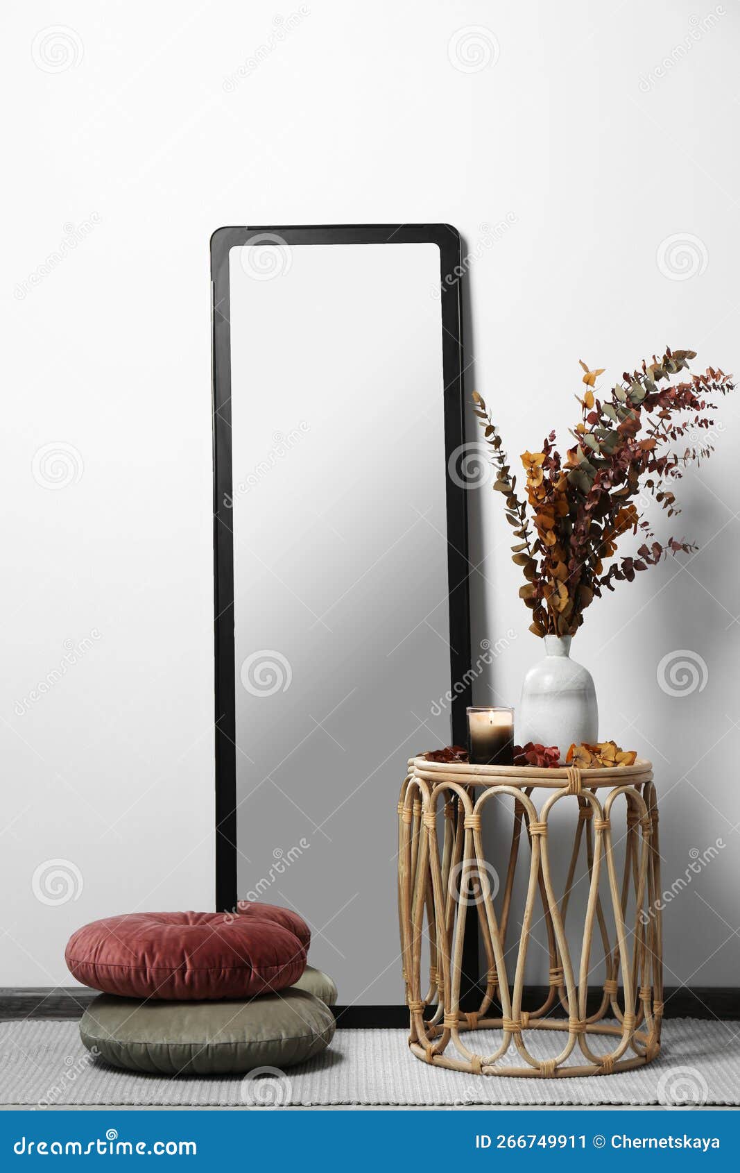 Table, Mirror and Pillows on Floor Near White Wall Stock Image Image of mirror, floor 266749911
