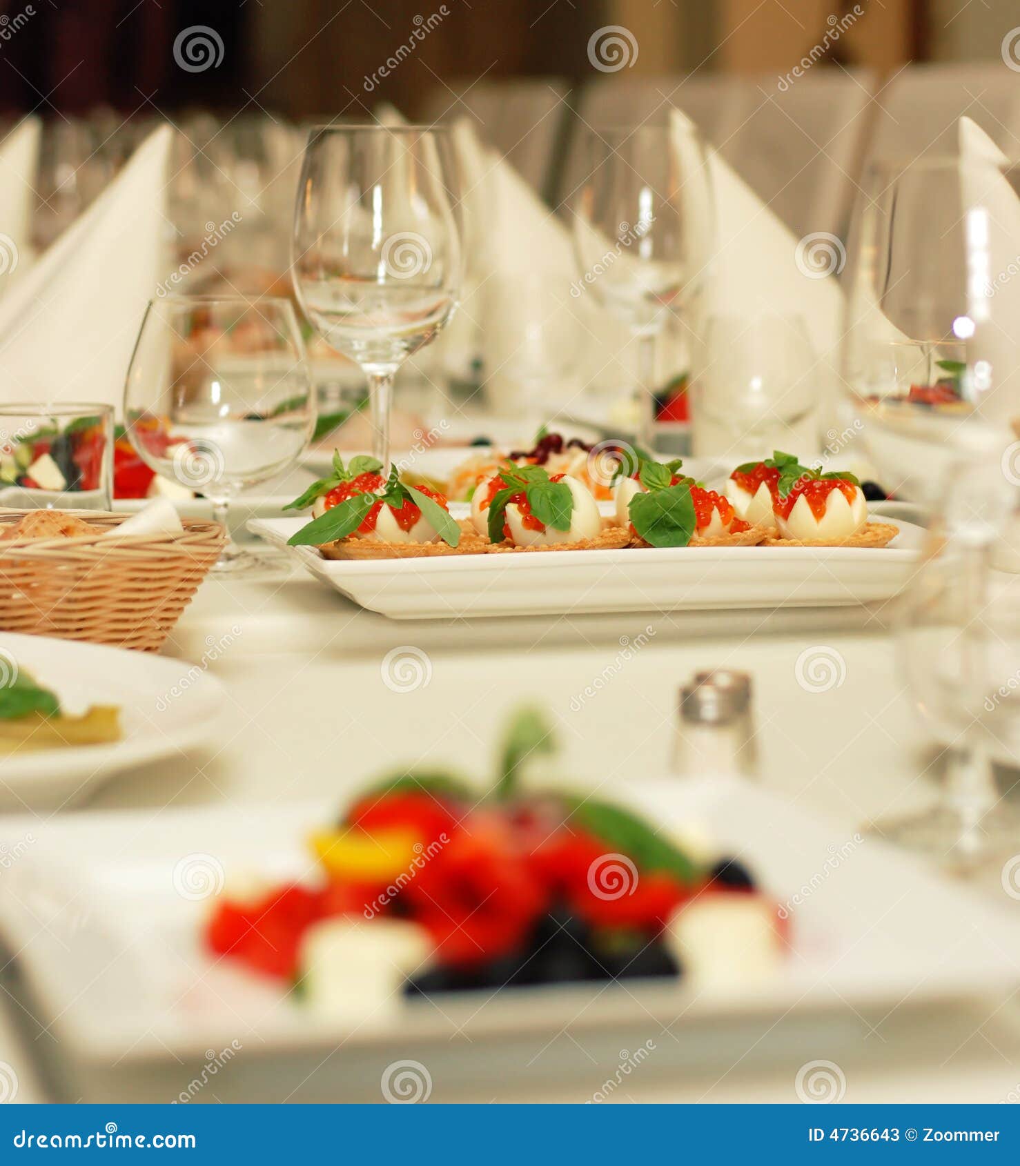 Table in Restaurant with Food and Wine Glasses Stock Image Image of